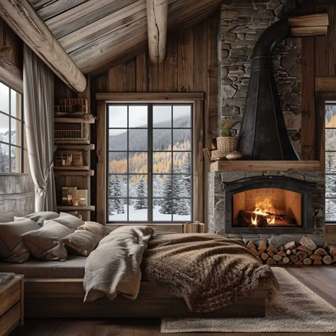 Discover the Art of Mountain Cabin Design and Interior Styling • 333+ Images • [ArtFacade] Mountain Lodge Living Room Ski, Swiss Chalet Bedroom, Mountains House Interior, Snowy Cabin Interior, Mountain Cabin Interior Design, Mountain Cabin Living Room, Contemporary Cabin Interior, Cabin Theme Bedroom, Mountain Modern Bedroom