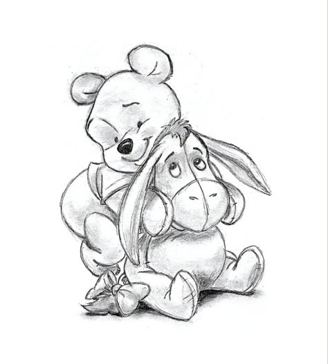 Disney Black And White Drawings, Cute Disney Characters Drawing, Disney Sketches Pencil, Disney Sketch Tattoo, Disney Love Drawings, Eeyore Drawing, Disney Pencil Drawings, Disney Drawing Ideas, Disney Sketchbook