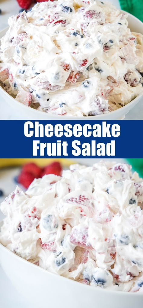 Cheesecake fruit salad is a cool and creamy side dish that doubles as dessert! Made with cream cheese, whipped topping, and fresh fruit. #cheesecake #fruitsalad #summer Fruit Desserts Ideas, Side Dish Dessert, Fruit Salad Recipe With Cream Cheese, Fruit Salad With Cream Cheese And Cool Whip, Dream Salad Recipes, Tapioca Fruit Salad, Fruit Salad Cheesecake Pudding, Frozen Fruit Salad With Cream Cheese, Whipped Fruit Salad