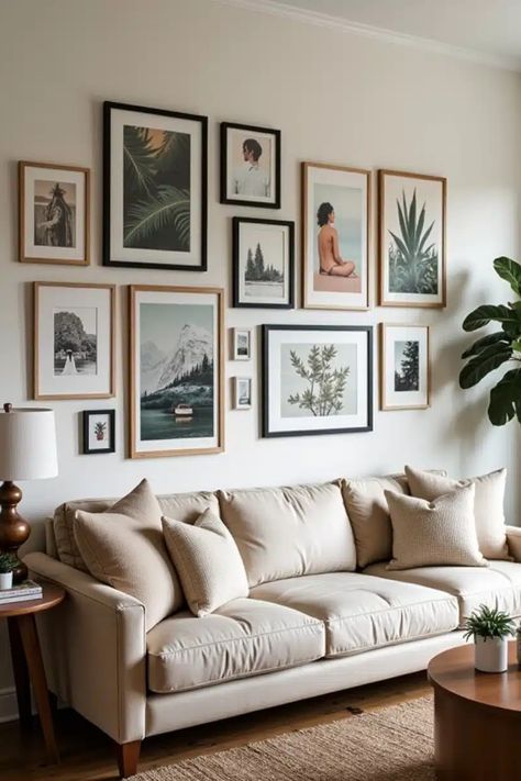 Gallery wall above a beige sofa with nature and portrait artwork. Above Couch Ideas Living Rooms, Long Gallery Wall Living Room, Living Room Art Arrangement, Pictures Wall Ideas Living Room, Minimal Living Room Wall Decor, Living Room Art Gallery Wall, Behind Sofa Gallery Wall, Living Room Decor With Family Pictures, Photo Living Room Wall