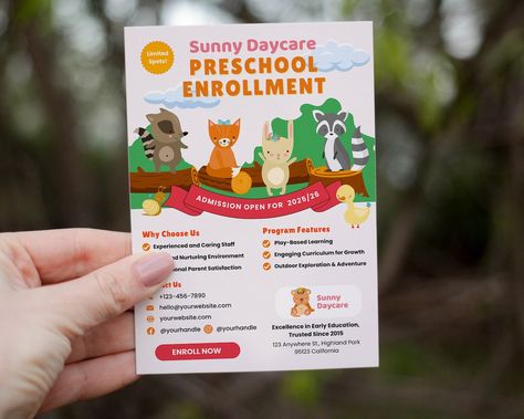 This beautiful Flyer Template for Preschool Daycare or Childcare Enrollment with animal theme is perfect for you to promote your daycare, childcare, early education and nursery services. It Canva template is easy to edit to suit your brand colors/ fonts/ elements etc. This can be sent digitally or printed out as flyer / brochure / leaflet to promote your preschool's early education programs. This modern and attractive editable flyer is designed with real text that can be used as an... Preschool Brochure, Day Care Centre, Bridesmaid Poses, Play Based, Play Based Learning, Day Care, Early Education, Animal Theme, Brand Colors