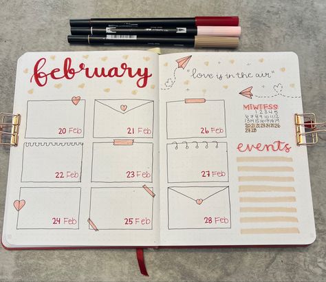 Positive Bujo Page, February Book Journal Spread, Letter Bujo Theme, February Weekly Planner, February Bujo Weekly Spread, February Planner Layout, Bujo Themes February, February Bujo Spread, February Journal Page