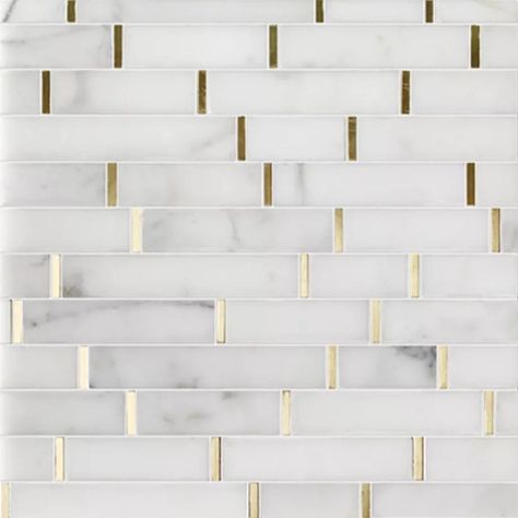 Sold Per Tile (1 Tile ≈ 0.84 Sq Ft) White Italian Calacatta marble with unstructured soft to deep grey/taupe/gold veining accentuated by gold color metal in an elegant linear strip waterjet mosaic tile. Random length long skinny subway tile backsplash. Luxury backsplash for kitchen or bathroom. Long skinny tile in white and gold. White and gold tile backsplash. Order 1 Tile for Material Sample SPECIFICATIONS TILE SIZE: 11 x 11 in., 10mm thick (Tile Calculator) SQUARE FOOT PER TILE: ≈ 0.84 sq. ft White Backsplash With Gold Accents, White And Gold Backsplash, Kitchen Gold Accents, White And Gold Tile, Gold Tile Backsplash, Redecorate Room, Bar Backsplash, Hastings House, Waterjet Mosaic Tile