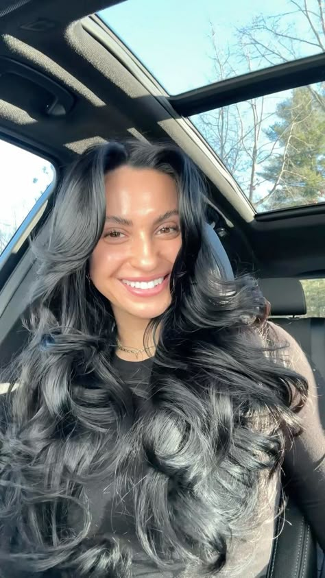 Tatyana Lafata | Walking into my pilates class with a fresh blowout 🎀 using the @overnightblowout rods here!! #hairstylist #heatlesscurls | Instagram Hair Blowout Black Hair, Blowout Hair With Extensions, Long Thick Hair Blowout, Long Blowdry Hairstyles, Bombshell Blowout Black Hair, Jet Black Blowout, Kim Kardashian Blowout Hair, Rich Girl Blowout, Dark Brown Blowout