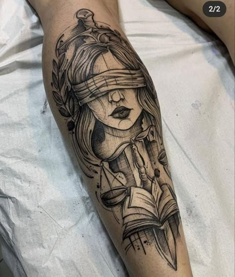 Woman Of Justice Tattoo, Libra Warrior Tattoo, Libra Leg Tattoo, Themis Tattoo Design, Justice Tattoo For Women, Lady Justice Tattoo Design, Themis Tattoo, Lady Justice Tattoo, Thigh Piece Tattoos