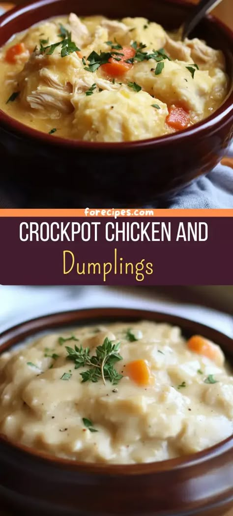 Crockpot Chicken and Dumplings Chicken And Dumplings Recipe, Crockpot Chicken And Dumplings, Chicken Dumplings, Gorgonzola Cheese, Dumplings For Soup, Dumplings Recipe, Crockpot Dishes, Crockpot Slow Cooker, Dumpling Recipe