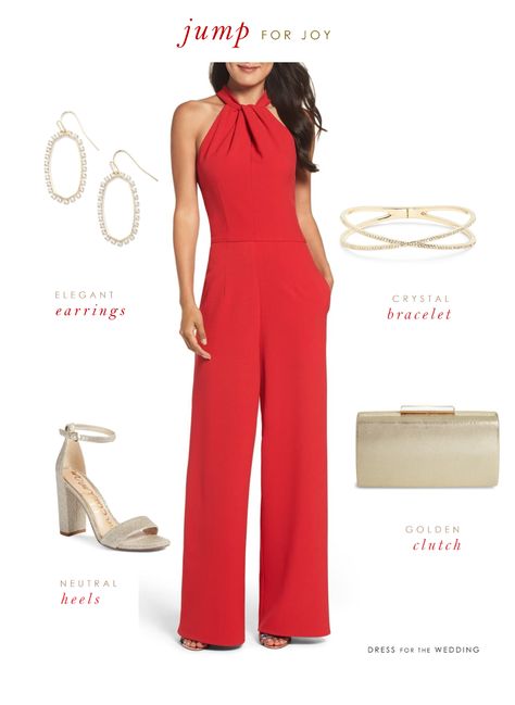 Red Jumpsuit | Dress for the Wedding Dressy Jumpsuit Wedding Formal, Red Wedding Jumpsuit The Bride, Red Wedding Jumpsuit, Dressy Pant Outfits For Women, Jumpsuit Styling Ideas For Party, Red Jumpsuit Outfit Wedding, Red Jumpsuit Outfit Night, Red Jumpsuit Outfit Classy, Red Wedding Guest Outfit