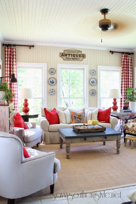 Americana Decor Living Room, Checked Curtains, Tall Curtains, Decorating With Red, Gray Pillows, Short Curtain, Savvy Southern Style, French Country Living, French Country Living Room