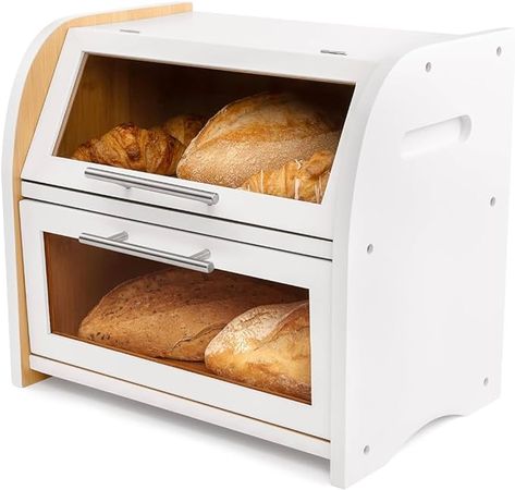 Amazon.com: Arise Stylish Bamboo Bread Box for Kitchen Countertop, Extra Large 2-Shelf Wooden Bread Storage Container with Clear Windows and Air Vents Keep Bread, Bagels and Rolls Fresh, Self Assembly: Home & Kitchen Wooden Bread Box, How To Store Bread, Extra Shelf, Bread Storage, Bread Bin, Bread Boxes, Bread Box, Just Bake, Clear Windows