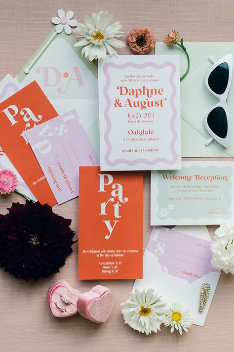 Custom Wedding Invitations, Invitation Suite, Wedding Invitations, Retro Wedding Invitations Modern Retro Wedding Invitations, Colourful Wedding Stationery, Wedding Invitations Colourful, Retro Wedding Invites, Colourful Invitations, Retro Wedding Stationery, Eclectic Wedding Invitations, Funky Wedding Invitations, Color Wedding Invitations