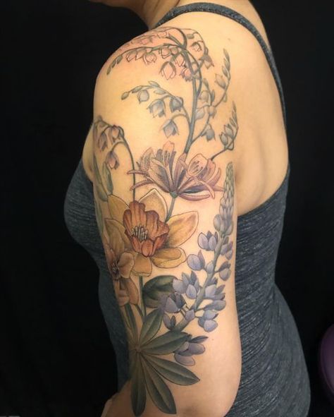 Ella Coose on Instagram: "Climbing floral composition for Adriana ❤️ some fresh some healed but all finished! . . . . . . . #flowertattoo #floraltattoo #flower #tattoo #tattoos #sleeve #botanicaltattoo #bayareatattoo#oakland #oaklandtattoo #botanicalillustration #lupinetattoo #lupine #wildflowertattoo #bouquettattoo #northerncalifornia #berkeley #berkeleytattoo #femaletattooartist" Lupine Tattoo, Left Arm Tattoos, Tattoos Sleeve, Climbing Flowers, Bouquet Tattoo, Wildflower Tattoo, Floral Composition, Female Tattoo Artists, Botanical Tattoo