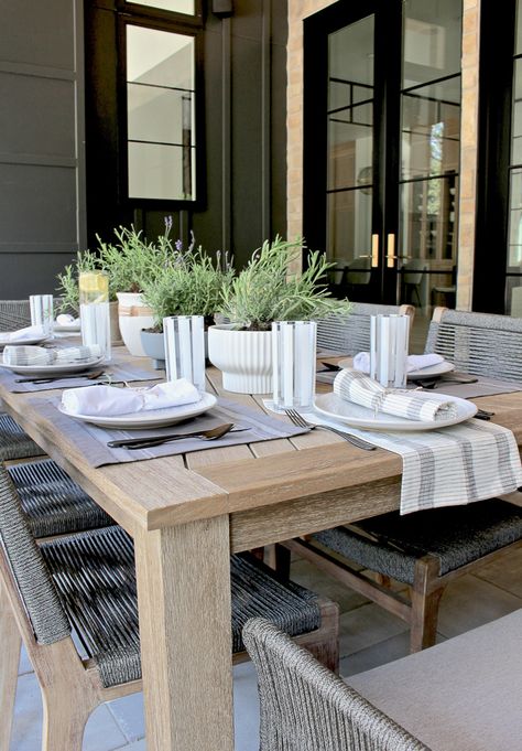 Outside Dining Table Ideas, Outside Dining Table Decor, Back Patio Table Decor, Dining Table On Deck, Restoration Hardware Outdoor Dining, Outdoor Dining Styling, Outdoor Pool Dining Table, Dining Set Outdoor, Outdoor Dining Centerpiece Ideas