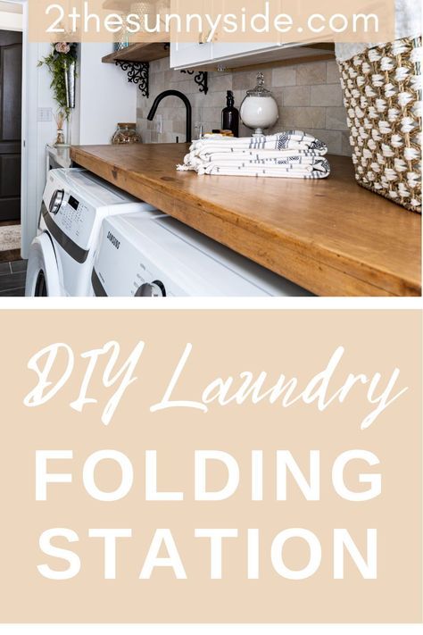 Adding a DIY folding station to your laundry room creates better function for your laundry room. See how easy it is to build your own folding table with plywood and upcycle an old kitchen table for the top. The perfect solution for a farmhouse or cottage style laundry room. The best laundry room ideas Laundry Room Folding Table With Storage, Laundry Folding Table Ideas, Folding Station Laundry Room, Laundry Room With Folding Table, Laundry Room Folding Station Ideas, Cottage Style Laundry Room, Laundry Room Folding Station, Shelves Layout, Laundry Folding Station