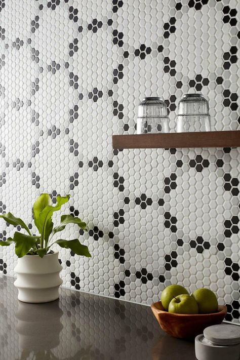 Courtesy of The Tile Shop Penny Tile Patterns, Black White Tile, Master Bath Update, House On The River, Bathroom 2023, Black And White Color Palette, Modern Parisian, Penny Round Mosaic, Beach House Bathroom