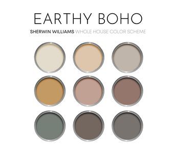 Earthy Boho Sherwin Williams Paint Palette, Neutral Interior Paint Col Paint Colors That Go With Plants, Western Farmhouse Color Palette, Taupe Pallete Color, Earthy Boho Colour Palette, Earthy Mood Board Interior Design, Neutral With Pop Of Color Palette, Natural Paint Colors For Home, Boho Neutral Kitchen, Bosc Pear Sherwin Williams