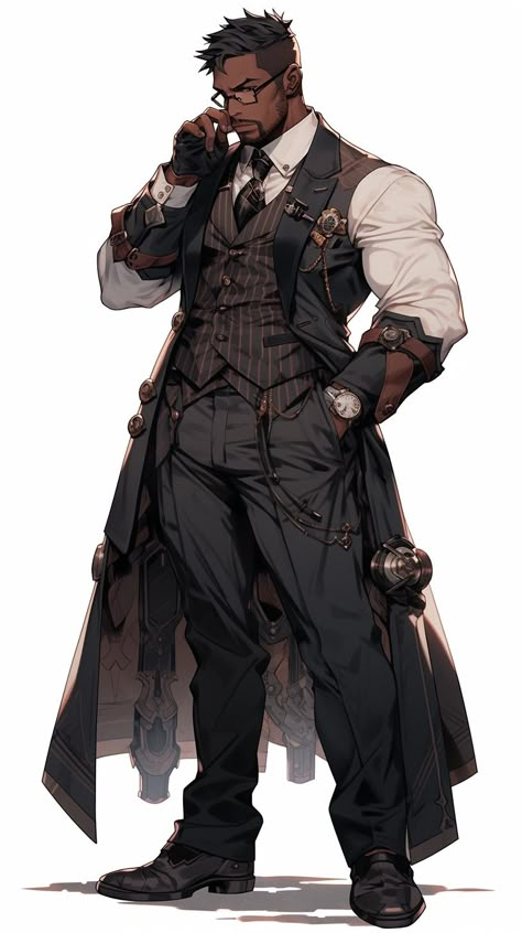 Character Design Winter Clothes, Bulky Character Design Male, Black Artificer, Fantasy Surgeon, Steampunk Fashion Concept Art, Male Spy Character Design, Dnd Alchemist Character Art, Anime Inventor, Steam Punk Character Design Male