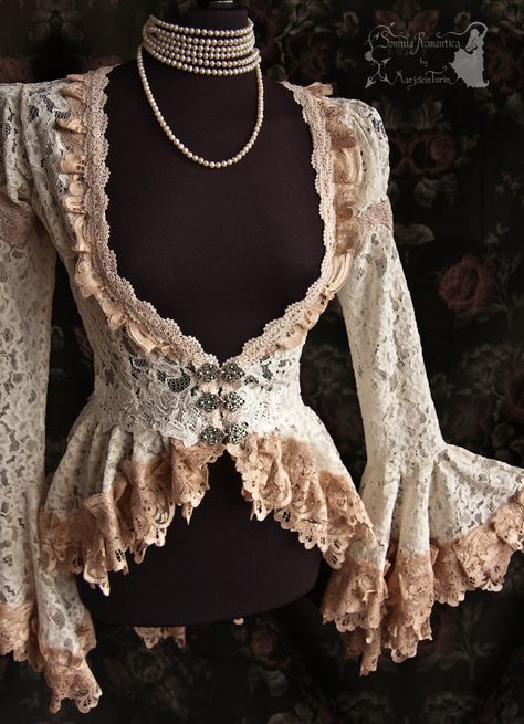 New cardigan, in bridal lace with vintage lace hemming. Love working with these colours, as they give such a vintage, Art Nouveau feel and remind me of some beautiful sea shells ^^ For all my sites... Late Victorian Fashion, Slim Blouse, Mode Boho, Trumpet Sleeve, Victorian Art, Moda Vintage, Fantasy Fashion, Bridal Lace, Cottage Chic