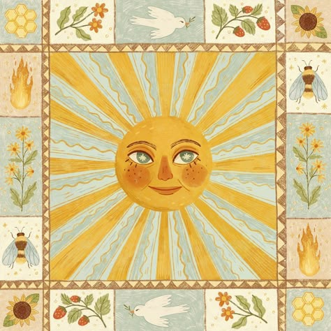 Aesthetic Art Patterns, Summer Solstice Painting, Summer Solstice Aesthetic Art, Aesthetic Summer Art, Cute Wall Art Ideas, Summer Solstice Illustration, Sun Folk Art, Aesthetic Art For Room, My Summer Aesthetic