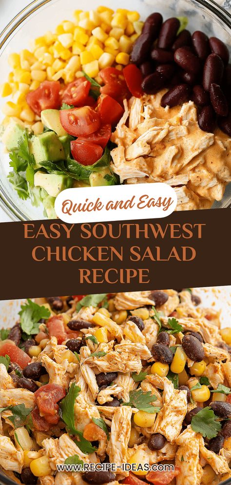 Create a delicious Easy Southwest Chicken Salad ready in just 20 minutes! This healthy salad combines juicy grilled chicken, colorful bell peppers, black beans, and sweet corn for a satisfying bite. Top it off with zesty lime vinaigrette for an explosions of flavor. Perfect for lunch or dinner, this salad has everything you need to feel nourished and energized. Enjoy this recipe packed with protein and fresh veggies for easy weeknight meals or meal prep. Discover fast recipes that impress! Southwest Chicken Salad Meal Prep, Sweet Chili Chicken Salad, Crispy Rice Southwest Chicken Salad, Restaurant Chicken Salad Recipe, Rotisserie Chicken Taco Salad, What To Eat With Chicken Salad, Southwest Chicken Salad Dressing, Southwest Chicken Pasta Salad, Southwest Chicken Recipe