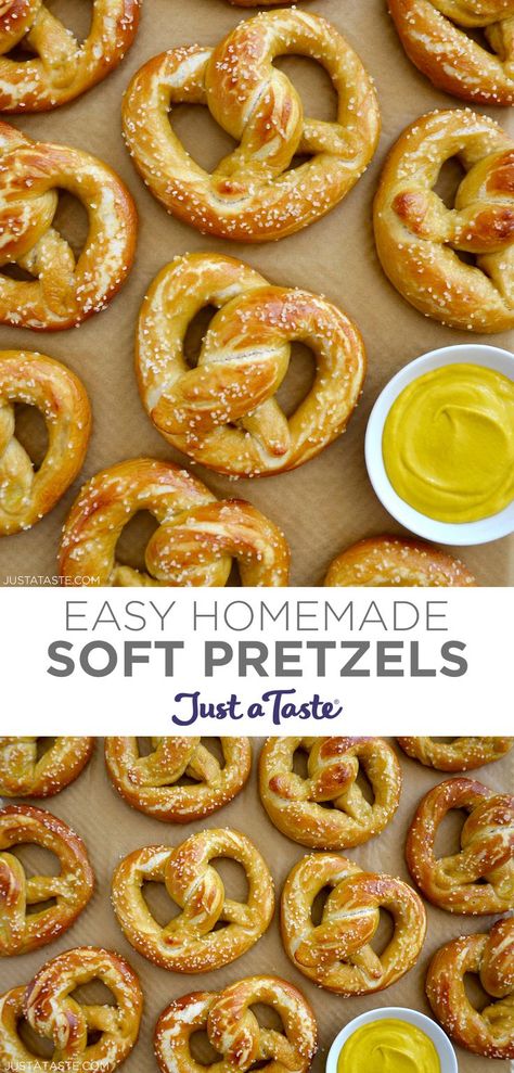 Top image: A close-up view of homemade soft pretzels topped with salt next to a small bowl containing mustard. Bottom image: A top-down view of soft pretzels. Pretzel Recipe, Soft Pretzel Recipe, Pretzel Crust, Homemade Pretzels, Homemade Soft Pretzels, Soft Pretzel, Pretzels Recipe, Oreo Dessert, Soft Pretzels