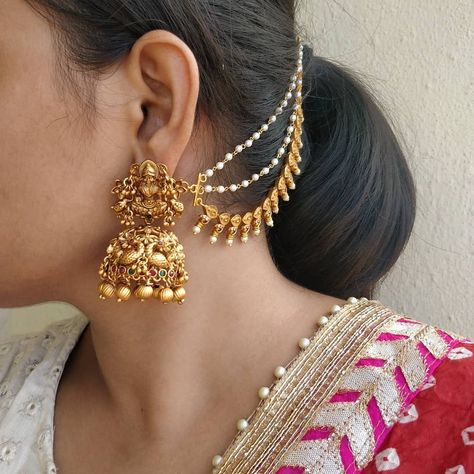 This Brand Has The Best Collection Of Antique Jhumka Designs • South India Jewels Lakshmi Devi Buttalu Gold, Bridal Jhumkas Gold, Earings Design Gold Indian Jhumka, Earchains Gold, Jhumka Captions, Jhumkas Designs, Aesthetic Jhumka, Bridal Jhumkas, Bridal Jhumka