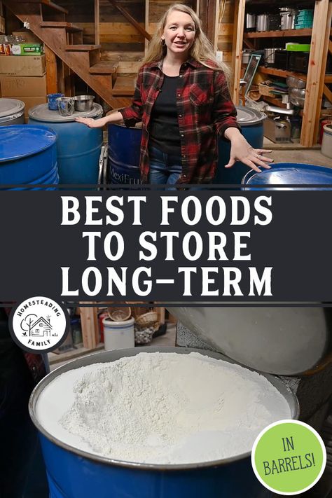 Using food storage barrels for long-term food storage is a great way to get ahead and be more self-sufficient. But what foods are best stored long-term and how do you use that food all the way to the bottom of the barrel without running out of your backup? Bulk Food Storage Containers, Homestead Family, Storing Food Long Term, Emergency Storage, Food Storage Rooms, Homesteading Family, Meal Replacement Bars, Emergency Preparedness Food Storage, Ground Recipes