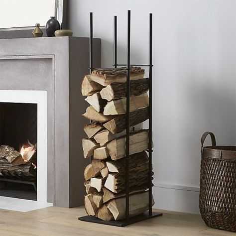 This steel log holder maximizes vertical space, storing firewood in a slim stack beside your hearth. Its no-frills, open build and four divider bars keep the presentation neat. Indoor Firewood Rack, Scandi Cottage, Firewood Storage Indoor, Firewood Racks, Fireplace Heat, Firewood Holder, Firewood Logs, Wood Holder, Fire Wood