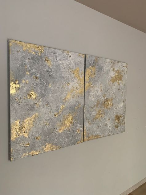 Gold Silver Art, Grey And Golden Living Room, Gray Gold Bedroom, Leaf Abstract Painting, Golden Living Room, Colour Panel, Abstract Painting Acrylic Modern, Silver Wall Art, Leaf Abstract