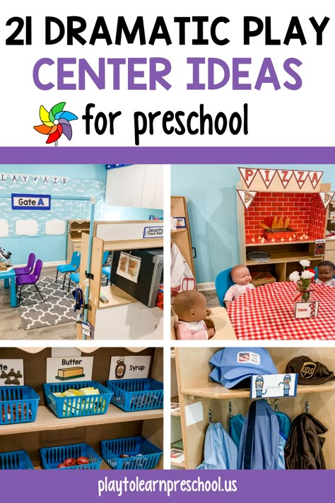 Dramatic play centers are a huge hit in preschool. They also student to learn through play, use their imagination and creativity, and take a hands-on approach to learning. These dramatic play ideas for preschoolers help students with their language development and expand their vocabularies. They also help students learn how to self-regulate, share, and take turns with friends. Find grocery store dramatic play, airport dramatic play, and baby nursery dramatic play. Dramatic Play Areas For Preschool, Dramatic Play Ideas For Preschoolers, Daycare Play Centers, Dramatic Play Stations, Preschool Imaginative Play, All About Me Preschool Theme Dramatic Play, Outdoor Dramatic Play Ideas, Dramatic Center Ideas Preschool, Dramatic Play Center Ideas Preschool