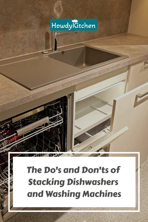 The idea of stacking a dishwasher and washing machine may seem like a space-saving hack, but it's not as straightforward as it sounds. Explore the potential risks and rewards of this setup, as well as expert advice on how to do it properly, if at all, in this detailed examination. Dishwasher And Washing Machine Together, Washing Machine And Dishwasher Stacked, Dish Washing Area Ideas, Dishwasher Cabinet, Minimal Kitchen Design, Portable Dishwasher, Best Dishwasher, Dishwasher Machine, Space Saving Hacks