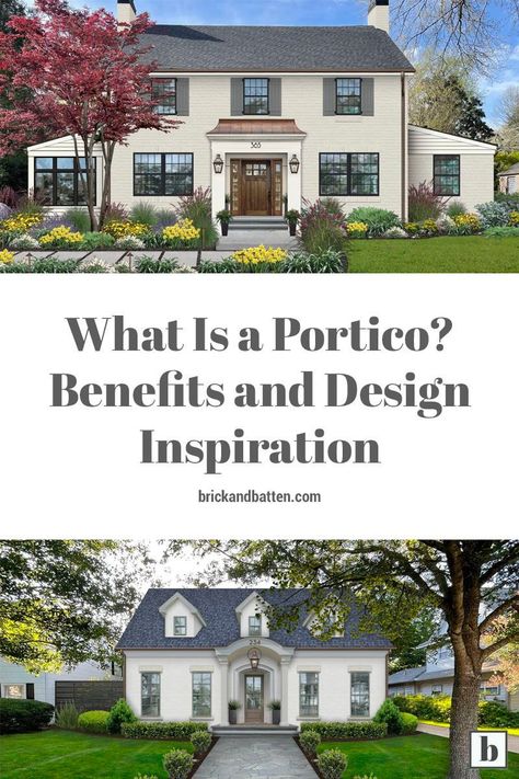 Your home’s entryway is one of the most important aspects of its exterior design — and porticos are an aesthetically appealing and functional way to accentuate it. Check out this post to learn what a portico is, the benefits of porticos, how a portico differs from a porch, and design inspiration for using one of these design elements on your façade. Portico Without Columns, Portico Colonial House, Portico On Brick House, Portico Before And After, Portico Ideas Entrance, Front Portico Ideas Entryway, Add Portico To Front Door, Front Entrance Ideas Exterior Entryway, Colonial Portico Entrance