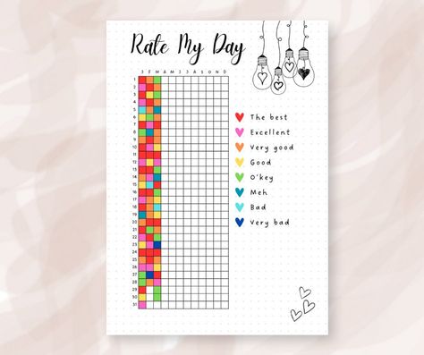 Rate My Day Printable Tracker | Year In Pixels | Bullet Journal Printables | Mood Tracker | Yearly Tracker | Premade Bujo Template Bujo Energy Tracker, Rate My Day Tracker, Bujo Tracker Ideas Yearly, Yearly Mood Tracker Bullet Journal, Bullet Journal Year Calendar, Dot Journal Mood Tracker, Month In Pixels, Daily Tracker Bullet Journal, Rate My Day Bullet Journal