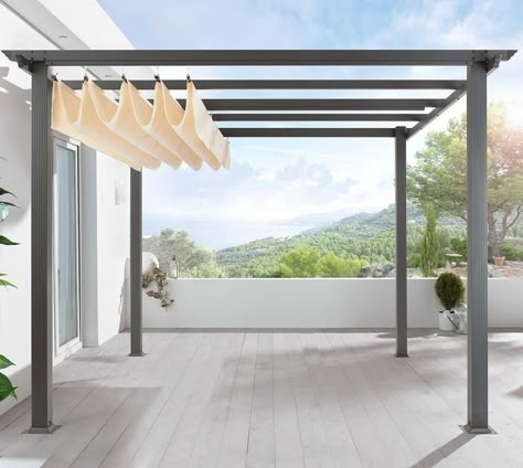 Super cool!  Description below:  "Turn a patio into a pavilion with a freestanding German-made pergola you assemble yourself (retractable canopy included).  Fully assembled, a square 9.5-foot Pergola Frame And Roof stands approximately 7 feet high and is €479 from Gingar." Side Yards Ideas, Stables Interior, Garden Bbq Area, Pergola Roof Ideas, Under Deck Storage, Brick Courtyard, Wisteria Pergola, Diy Pergola Kits, Retractable Pergola Canopy