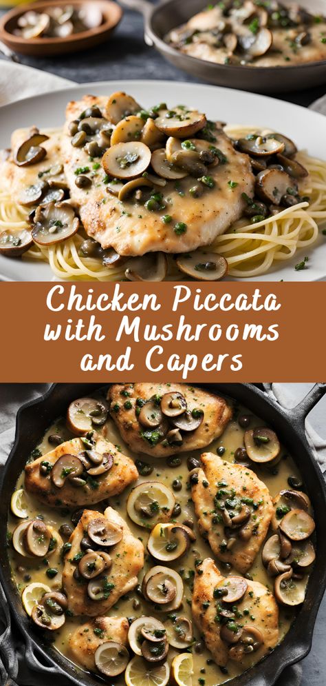 Chicken Piccata with Mushrooms and Capers | Cheff Recipes Chicken Piccata No Wine, Chicken Piccata With Mushrooms, One Pot Chicken Piccata Pasta, Chicken Cutlets With Mushrooms, Chicken Recipes With Capers, Dishes With Capers, Caper Recipes Healthy, Chicken Capers Recipe, Recipes Using Capers