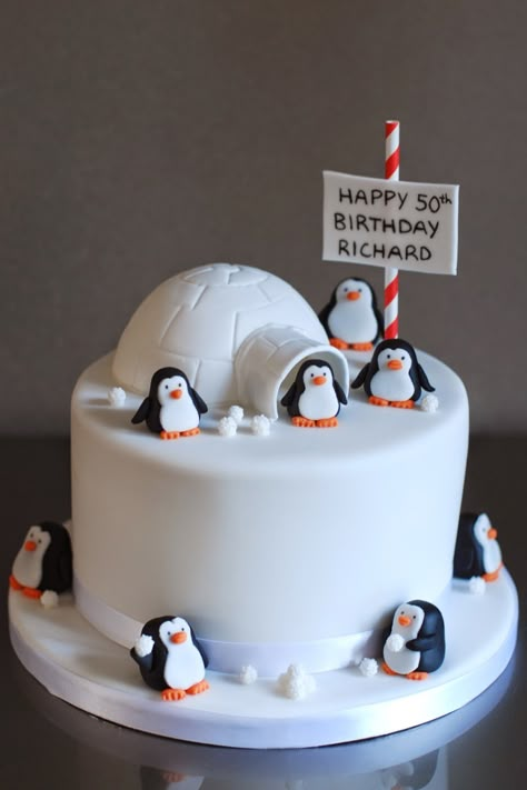 First off, let me tell you how much I loved making these little penguin guys for this cake. They are... Penguin Cake Design, Penguin Theme Cake, Birthday Cake Penguin, Penguin Christmas Cake, Penguin Desserts, Penguin Cake Birthday, Christmas Cakes Decoration, Penguin Cake Ideas, Bday Cake Design