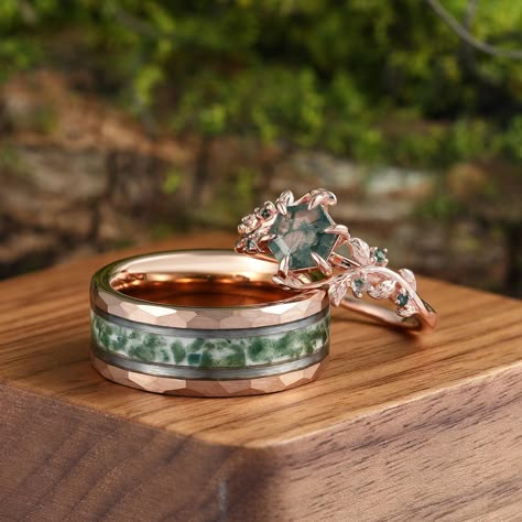 His Ring Details: Metal Type: Tungsten Carbide moss agate  Band Width: 8 mm Her Ring  Details: Metal Type: 925 Sterling Silver Center Stone: moss agate  Center Carat Weight: hexagon cut 1.35CT (7mm)   Side Carat Weight: 0.22ctw Band Width: 1.5mm SKU: R2870X+ MB0013 Accessories: *Shipped with beautiful ring box; *Directly price from Manufacturer, 1/3 the price from Jewelry Store; - Ethically Sourced Wedd Rings Sets, Forest Green Ring, Moss Aget Rings, Moss Agate Couple Rings, Matching Moss Agate Wedding Rings, Green Moss Agate Ring, Earthy Wedding Rings Silver, Pagan Wedding Rings, Fairy Core Rings