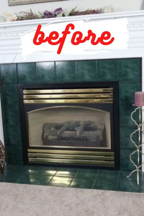 Update Chimney Fireplace Makeovers, Old Fireplace Makeover Tile, Painting Fireplace Doors Black, Paint Tile Around Fireplace Ideas, Fireplace Ideas Painted, Fireplace Makeover On A Budget, Upgrade Gas Fireplace, Painted Tile Fireplace Before And After, Fireplace Facelift Diy