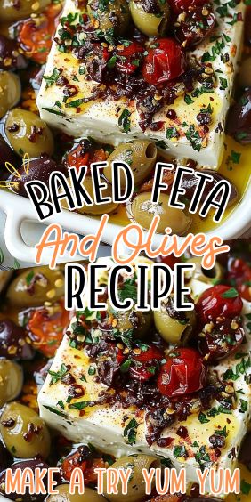 Baked Feta and Olives Baked Feta And Olives Recipe, Baked Feta Olives, Mediterranean Baked Feta Dip, Whipped Feta And Olives, Feta Olive Bake, Baked Feta And Olives, Baked Feta With Olives And Tomatoes, Feta And Olives Recipe, Whipped Feta With Olives