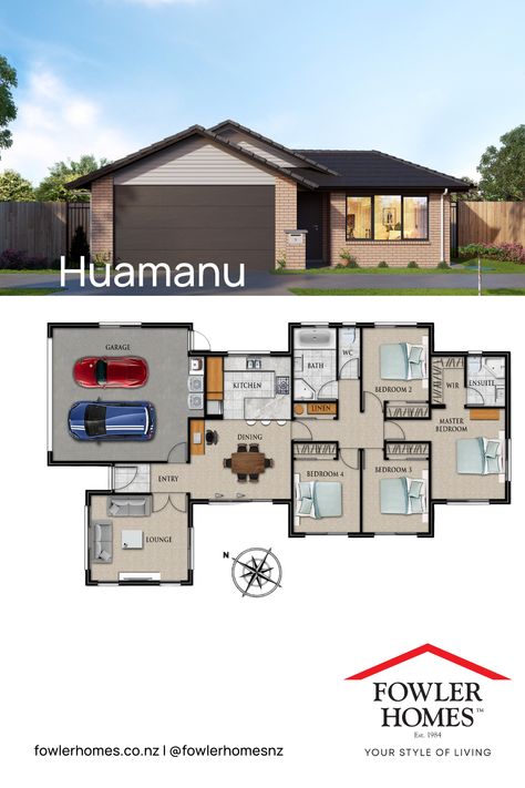 The Huamanu - a 160m2, 4-bedroom home is designed for low-maintenance families living in more compact sections. Fowler Homes, 4 Bedroom House Designs, Modern House Floor Plans, Rural Lifestyle, Townhouse Designs, Beautiful House Plans, Free Plans, 4 Bedroom House, New House Plans