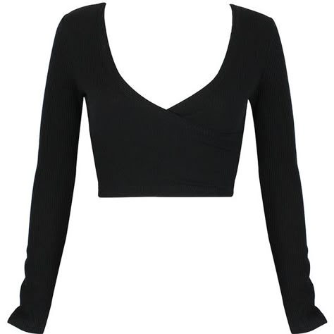 Black Plunge Neck Long Sleeve Wrap Crop Top (28 CAD) ❤ liked on Polyvore featuring tops, shirts, wrap top, wrap crop top, long crop tops, black long sleeve top and black wrap top Long Black Shirt, Black Long Top, Crop Tops Black, Black Wrap Top, Long Sleeve Peplum Top, Shirts Crop Tops, Long Sleeve Wrap Top, Shirts Crop, Crop Top Long