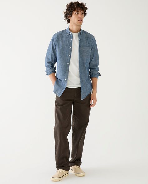 J.Crew: Organic Cotton Chambray Shirt In One-year Wash For Men Mens Work Outfits, Shirt Outfit Men, Men's Casual Shirts, Outfits Hombre, Denim Shirt Men, The Mistake, Men Fashion Casual Outfits, Casual Work Outfits, Chambray Shirt