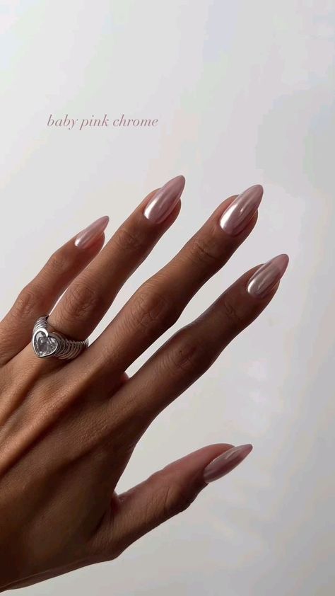 These Baby Pink Chrome Formal Nails are stunning and can easily be paired with a gorgeous formal dress! #FormalNails #PromNails #Nailinsporation #BabyPink #PinkChromeNails #missrunway Wedding Nail Extensions, Engagement Acrylic Nails, Trendy 2024 Nails, Chrome Gel Nails Ideas, Pink Bright Nails, Neutral Nails With Chrome, Nails 2024 Pink, Nail Inspiration Chrome, Romantic Nails Designs