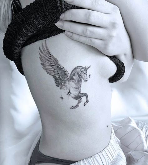 Mythical Creatures Tattoo For Women, Winged Horse Tattoo, Flying Horse Tattoo, Pegasus Tattoo Women, Pegasus Tattoo Design, Horses Tattoo, Unicorn Tattoo Ideas, Unicorn Tattoo Designs, Pegasus Tattoo