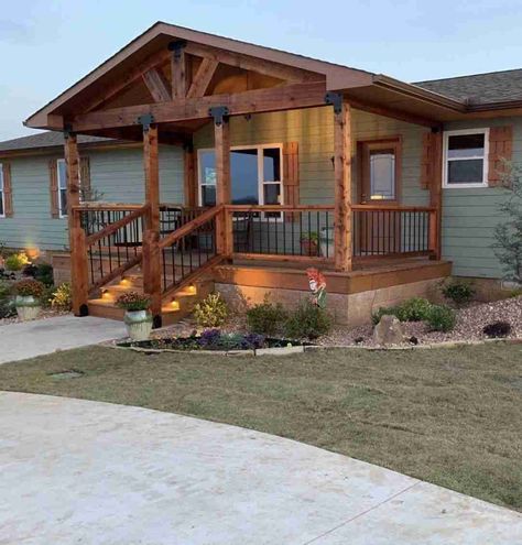 5 Easy Ways to Add Curb Appeal To Your Manufactured Home Adding Porch To Mobile Home, Remodeled Manufactured Homes, Mobile Home Siding Ideas Exterior Colors, Upgrade Mobile Home, Porch For Mobile Home, Manufactured Home Remodel Exterior, Mobile Home Decks And Porches, Manufactured Home Porch Ideas, Mobile Home Landscaping Ideas