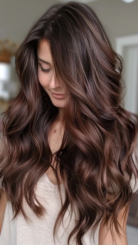 Woman with long, wavy brown hair looking down. Inverted Lob With Layers, Caramel Mocha Balayage, Chocolate Brunette Balayage, Brown Partial Balayage, Subtle Balayage Brunette Dark, Blended Brunette, Dimensional Brunette Balayage, Low Maintenance Brunette, Inverted Lob