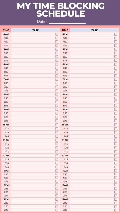 Grab the Kawaii Daily Planner Template to schedule your daily to-do list. Get the printable PDF now. (15-minute intervals /24-hours) Use it for studying or time blocking your work 💜 Work Timetable Template, 15 Minute Planner, Time Block Daily Planner, Time Planner Ideas, Time Blocking Planner Free Printable, Hourly Study Planner Printable, Block Time Schedule, Daily List Of Things To Do, Daily Block Schedule Printable