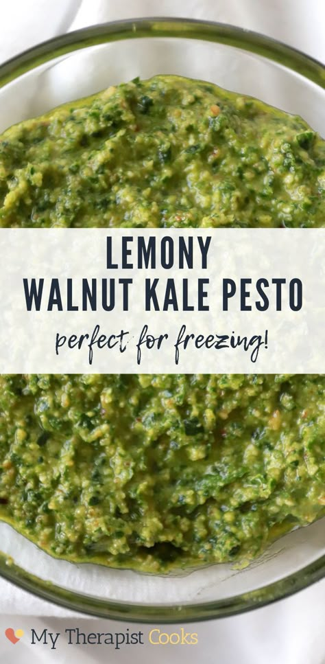 This kale pesto with parm and lemon is the perfect 5 minute meal prep recipe! Walnut kale pesto keeps so well in the freezer and is yummy on pasta or in vegetarian, easy healthy grain bowls. Make a batch this weekend for meal prep and freeze half for later! This particular pesto recipe has only 7 ingredients and is done in under 10 minutes. Kale Walnut Pesto, Kale And Walnut Pasta, Healthy Grain Bowls, Kale Pesto Pasta, Kale Pesto Recipe, Freezing Kale, Pesto Recipes, Lentils And Quinoa, Carb Dishes