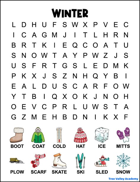 A printable 1st grade winter word search for kids. The easy word search has 12 winter words hidden in a 10 X 12 grid of uppercase large print letters. The winter words to find are: boot, coat, cold, hat, ice, mitts, plow, scarf, skate, ski, sled, and snow. There are small images in color, above each word to find. December Worksheets 1st Grade, Winter For Kids Activities, Winter Hidden Pictures Free Printable, Winter Wordsearch Free Printable, January Word Search For Kids, Winter Word Search Free Printable Kids, Winter Worksheets 1st Grade, Winter Craft Second Grade, Winter Activities 2nd Grade