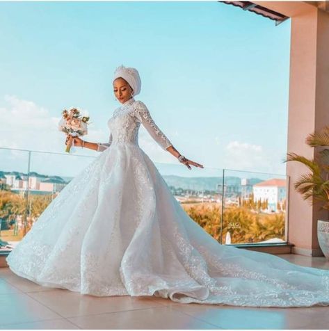 Beautiful bride in a luxury ball gown. Latest Wedding Gowns, Modest Wedding Dresses With Sleeves, Types Of Gowns, Nigerian Bride, Simple Wedding Gowns, Wedding Gown Inspiration, Wedding Gowns With Sleeves, White Wedding Gowns, Gown Inspiration