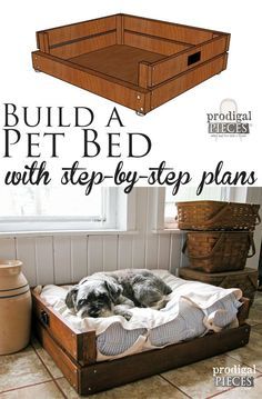 ♥ Cool DIY Pet Ideas ♥ Build a Pet Bed with Step-By-Step Plans & Tutorial by… Pet Bed Diy, Pallet Dog Beds, Diy Pet Bed, Diy Dog Bed, Carpentry Projects, Dog Rooms, Shop Projects, Diy Building, Bed Diy